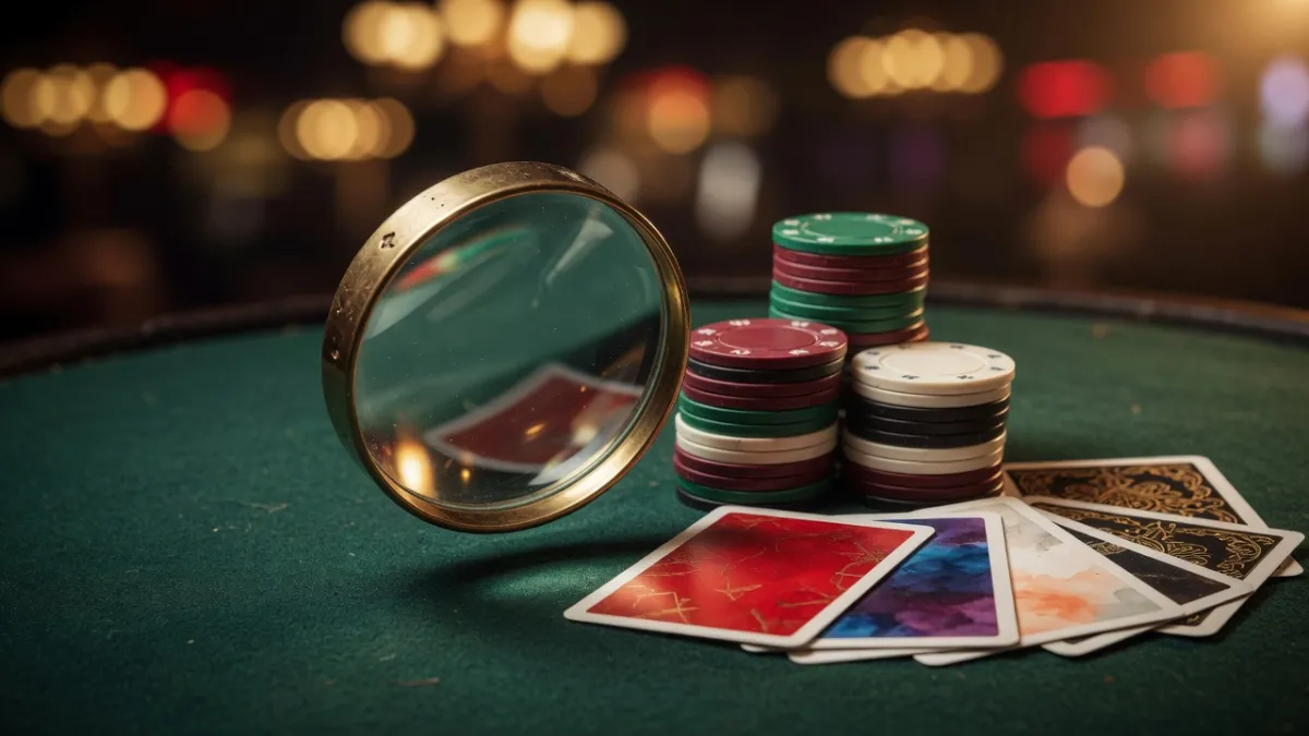 Vergrootglas boven een casinotafel en fiches – controle van de voorwaarden