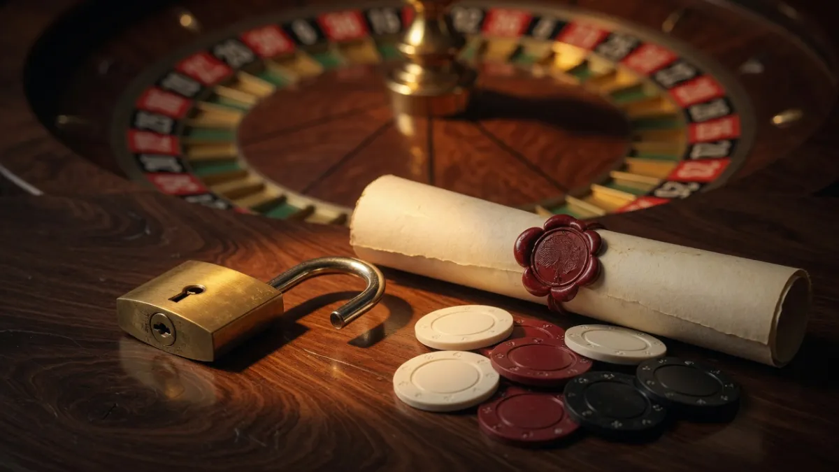 Gouden weegschaal, open hangslot en casinofiches op een speeltafel